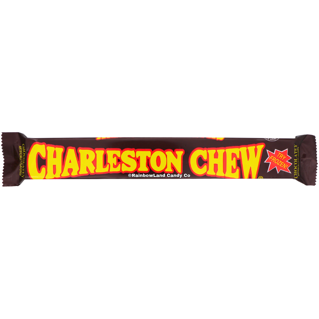 Dark brown Charleston Chew Chocolate candy bar wrapper, 1.87 oz, featuring bold yellow and red lettering with a "Try Frozen!" callout and chocolatey artificially flavored label.
