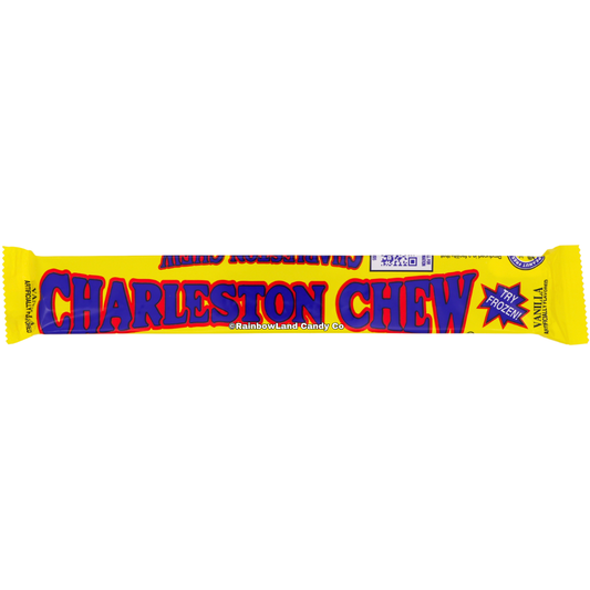 Yellow Charleston Chew Vanilla candy bar wrapper, 1.87 oz, featuring bold blue and red lettering with a "Try Frozen!" callout and peanut free label.
