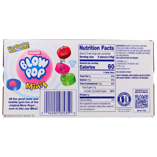 Back of a Charms Blow Pop Minis 3.5 oz theater box showing the Nutrition Facts panel, ingredient list, peanut-free and gluten-free badge, and barcode, alongside the pink and blue Blow Pop Minis logo and actual-size red, pink, and green bubble gum-filled hard candy pieces.