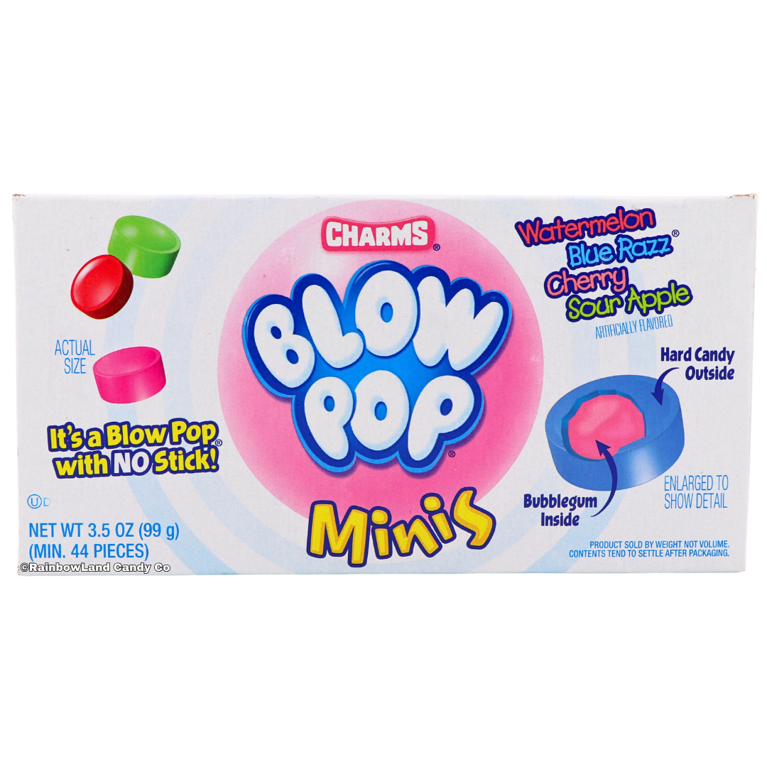 Charms Blow Pop Minis 3.5 oz theater box front featuring the blue and white Blow Pop logo on a pink bubble gum circle, yellow "Minis" lettering, and colorful flavor text for Watermelon, Blue Razz, Cherry, and Sour Apple, with actual-size red, pink, and green hard candy pieces and an enlarged blue candy cutaway showing the bubble gum center.