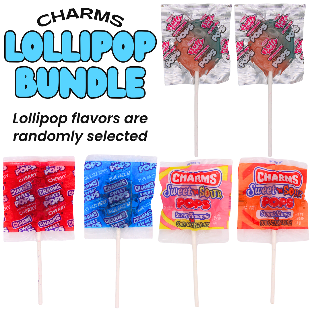 Charms Lollipop Bundle from RainbowLand Candy Co. featuring two silver-wrapped Fluffy Stuff Cotton Candy Pops, two red-wrapped cherry Charms Sweet Pops, two blue-wrapped blue razz berry Charms Sweet Pops, one pink-wrapped Sweet Pineapple Sour Grapefruit Sweet 'N Sour Pop, and one orange-wrapped Sweet Mango Sour Tangerine Sweet 'N Sour Pop, all on white sticks against a white background.