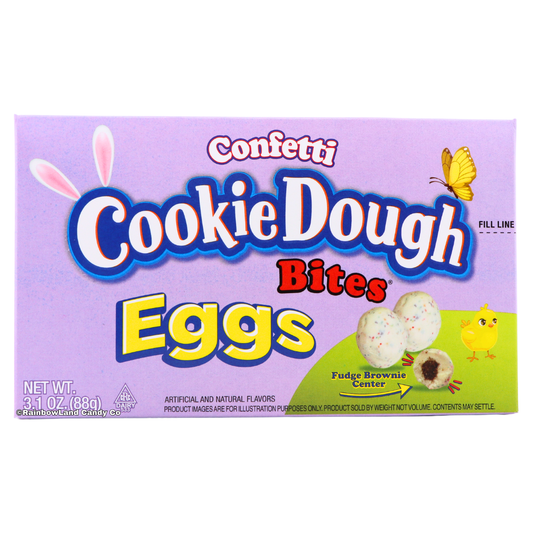 Box of Confetti Cookie Dough Bites Eggs with Easter-themed design on a white background