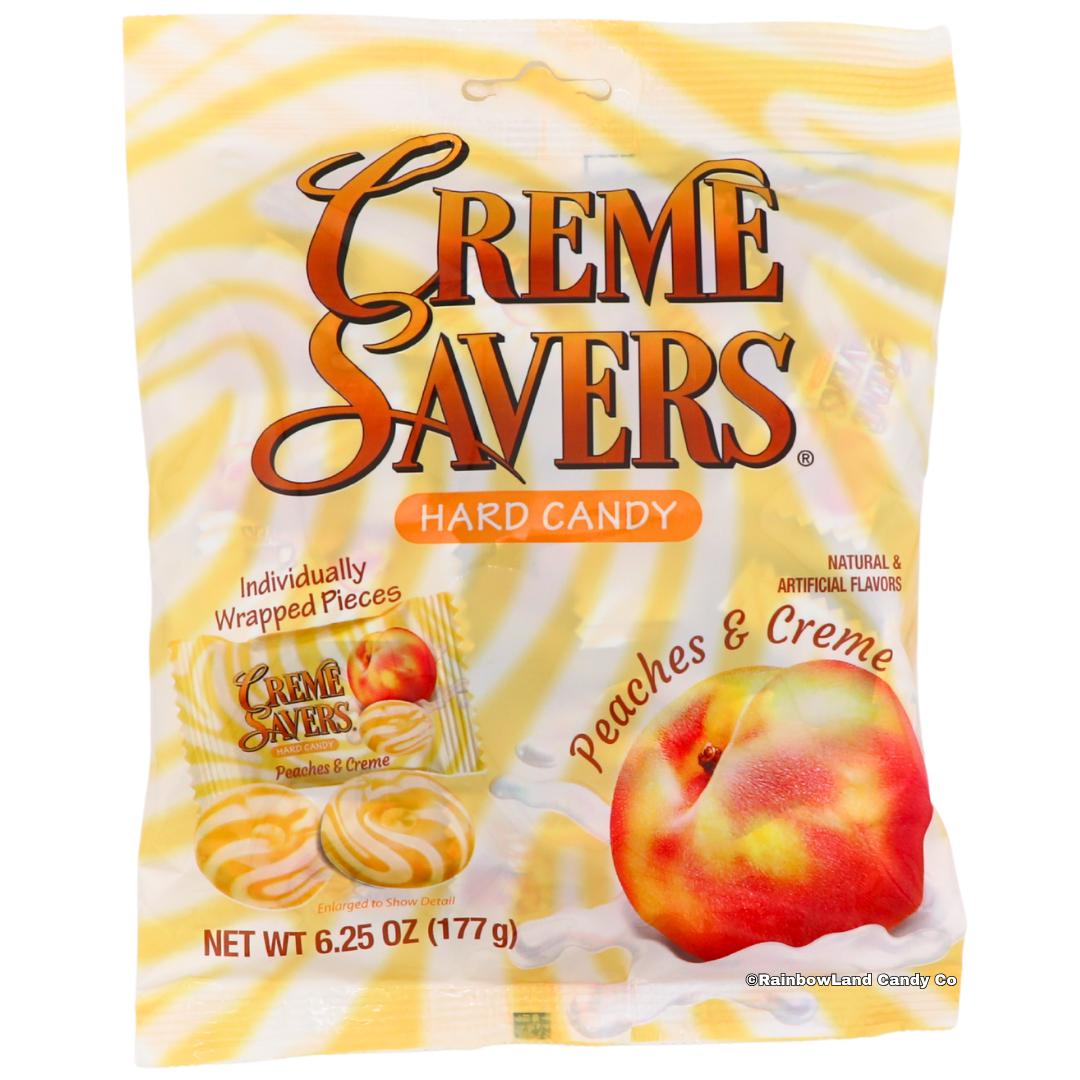 Creme Savers Peaches & Creme Hard Candy bag, 6.25 oz, featuring a yellow and white swirl design with a ripe peach graphic, an individually wrapped candy piece image, and "Individually Wrapped Pieces" callout.