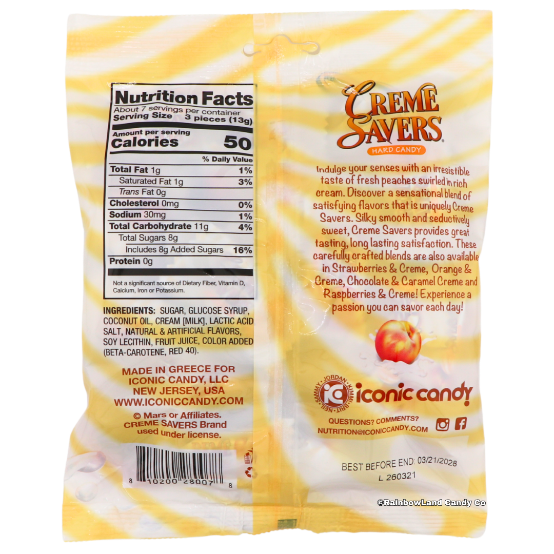 Back of Creme Savers Peaches & Creme Hard Candy bag showing nutrition facts for a 3-piece serving, ingredients list, Iconic Candy branding, and a description of the peaches and cream flavor blend.