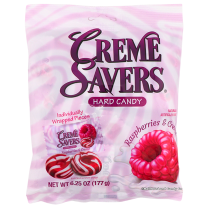 Creme Savers Raspberries & Creme Hard Candy bag, 6.25 oz, featuring a pink and white swirl design with a ripe raspberry graphic, an individually wrapped candy piece image, and "Individually Wrapped Pieces" callout.