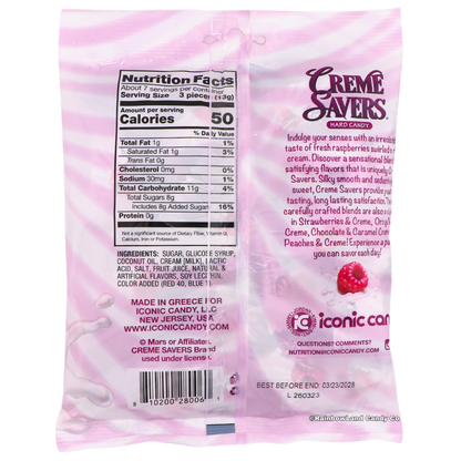Back of Creme Savers Raspberries & Creme Hard Candy bag showing nutrition facts for a 3-piece serving, ingredients list, Iconic Candy branding, and a description of the raspberries and cream flavor blend.