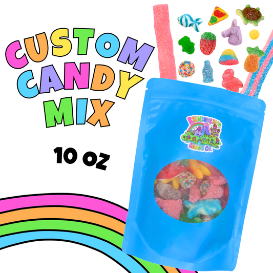 RainbowLand Candy Co custom candy mix 10oz blue resealable bag filled with assorted gummy candy sour gummies and sour belts including animal gummies fruit gummies and novelty shaped gummies