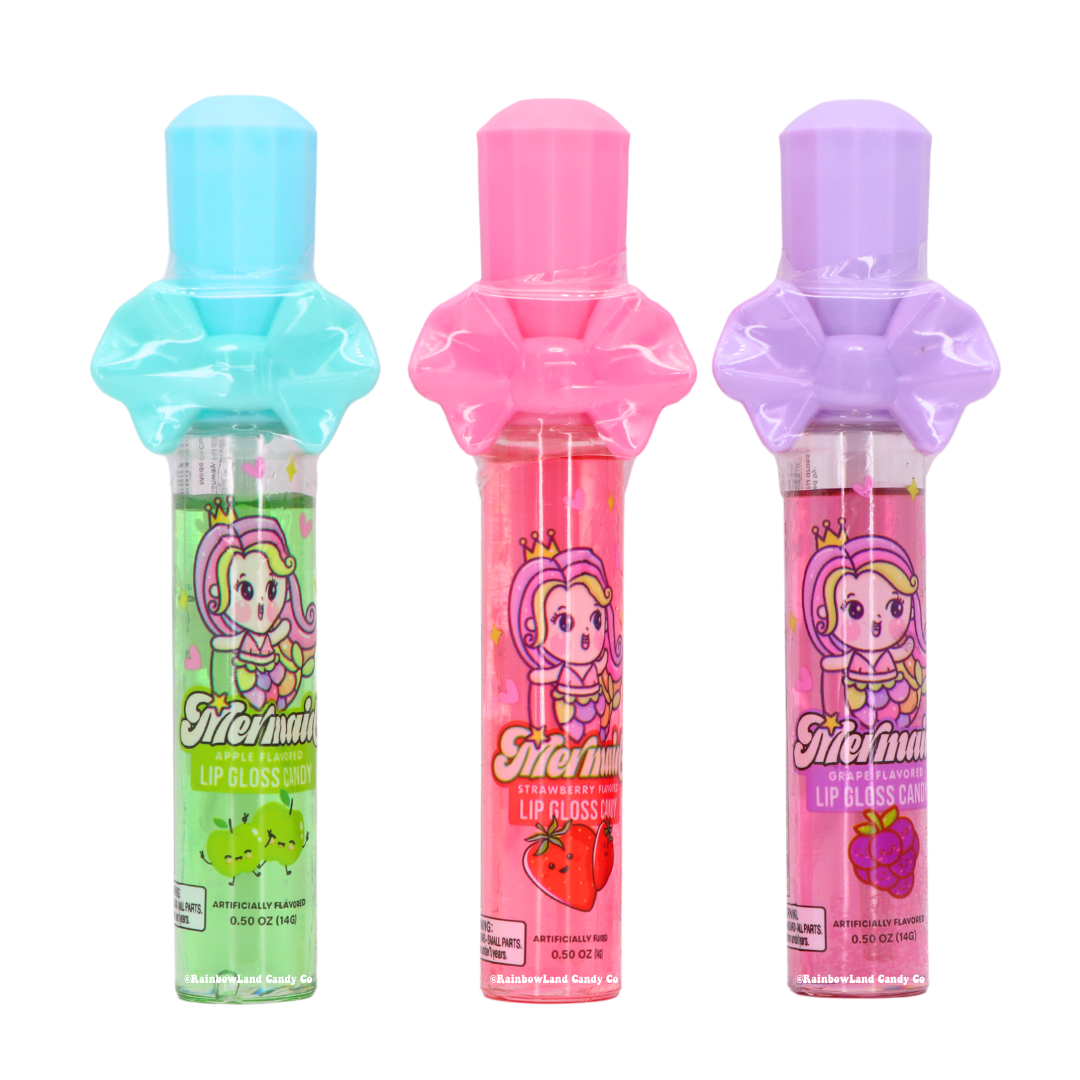 Mermaid Lip Gloss Candy tubes with sparkly mermaid designs and bow-shaped toppers.
