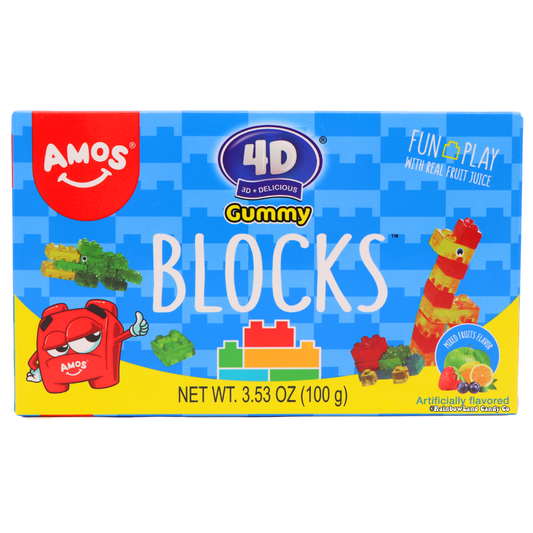 AMOS 4D Gummy Blocks box, colorful candy shaped like building blocks, 3.53 oz, made with real fruit juice.