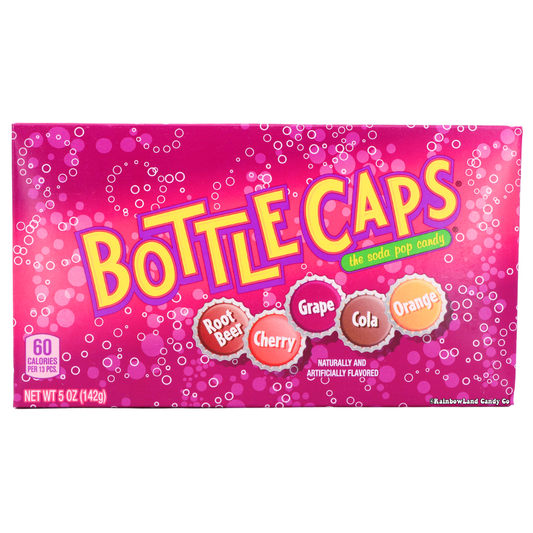 Bottle Caps Theater Box showcasing soda pop candy flavors: root beer, cherry, grape, cola, and orange.