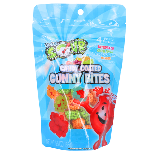 Kool-Aid Sour Candy Coated Gummy Bites in fruity flavors, 5.5 oz bag.