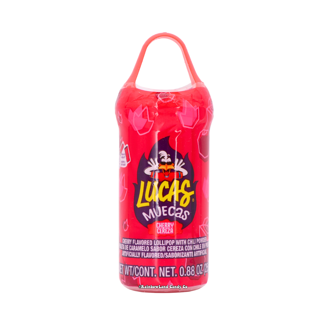 Lucas Muecas Cherry lollipop with chili powder, 0.88 oz, vibrant red packaging.