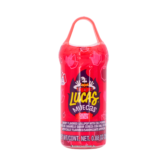 Lucas Muecas Cherry lollipop with chili powder, 0.88 oz, vibrant red packaging.