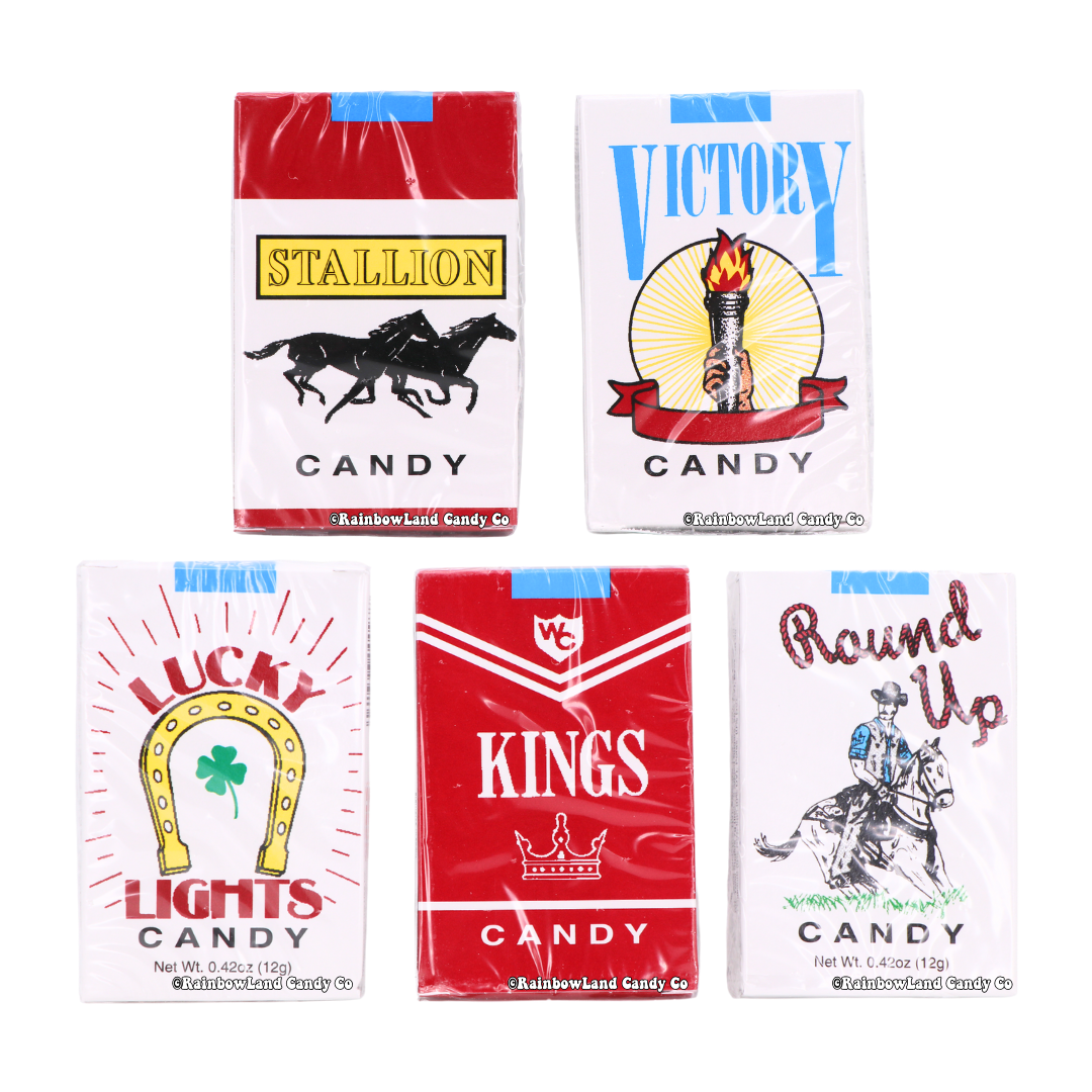 Retro-style candy cigarette packs with vintage designs.