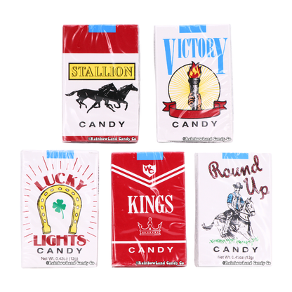 Retro-style candy cigarette packs with vintage designs.