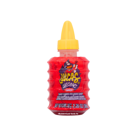 Lucas Gusano Chamoy liquid candy bottle with bold, tangy flavor.