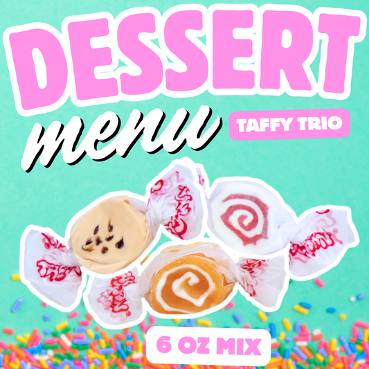 Dessert Menu Taffy Trio 6oz mix of three dessert inspired salt water taffy pieces in chocolate chip cookie red velvet cake and caramel swirl flavors on a mint green background with colorful sprinkles