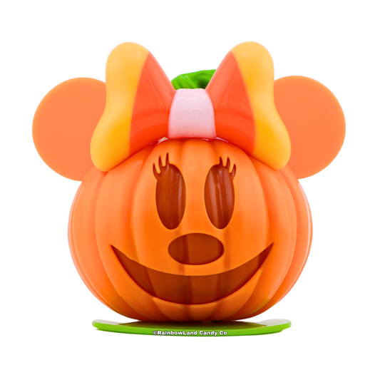 Disney Minnie Mouse Pumpkin Candy Character Case shaped like a jack-o'-lantern, featuring Minnie's ears and a candy corn themed orange, yellow, and white bow on top, net weight 0.35 oz.
