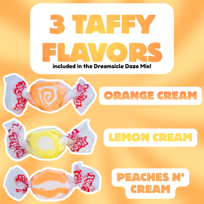 Dreamsicle Daze Taffy Trio flavor guide showing three individually wrapped taffy pieces labeled Orange Cream, Lemon Cream, and Peaches N' Cream on an orange background.