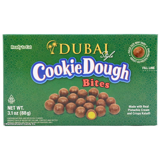 Dubai Style Cookie Dough Bites 3.1oz box with pistachio cream and crispy kataifi, chocolate covered candy bites.