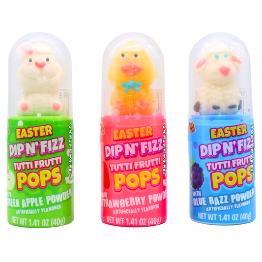 Colorful Easter dip and lick candy pops with bunny, chick, and sheep character toppers, featuring green apple, strawberry, and blue razz dipping powder.