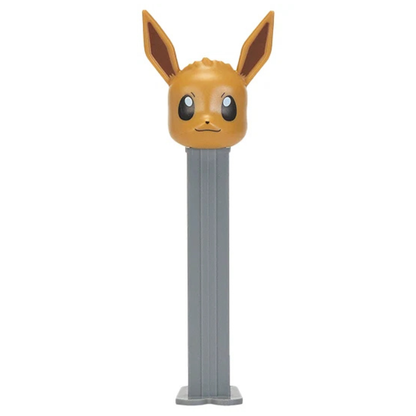 Eevee Pokémon PEZ dispenser featuring a tan and brown Eevee head with wide eyes and tall pointed ears on a gray dispenser.