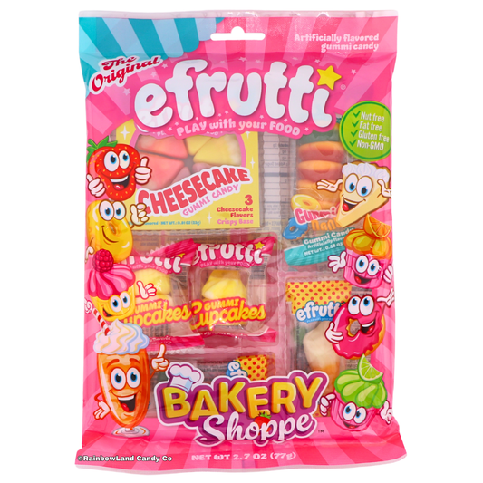 A pink and blue striped Efrutti Bakery Shoppe bag of assorted gummi candy, featuring Gummi Cupcakes, Cheesecake, Donuts, and Orange Float flavors with smiling bakery-themed candy characters, labeled nut free, fat free, gluten free, and non-GMO, net weight 2.7 oz (77g), sold by RainbowLand Candy Co.