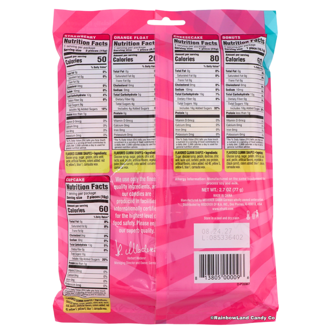 The back of an Efrutti Bakery Shoppe gummi candy bag showing nutrition facts for Strawberry, Orange Float, Cheesecake, Donuts, and Cupcake flavors, along with ingredients, allergy information, and net weight 2.7 oz (77g), sold by RainbowLand Candy Co.