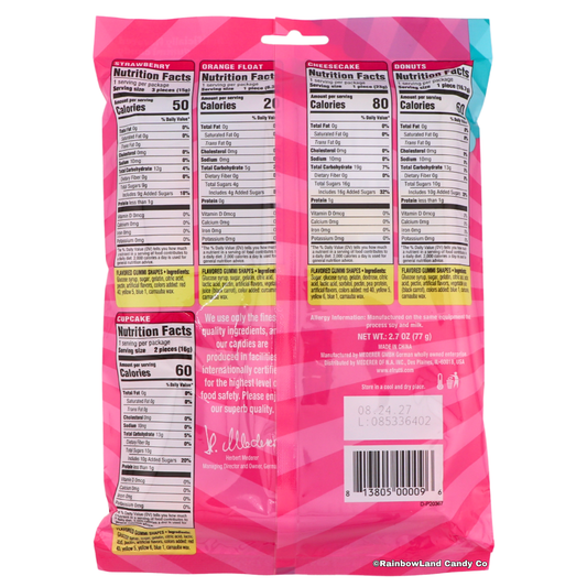 The back of an Efrutti Bakery Shoppe gummi candy bag showing nutrition facts for Strawberry, Orange Float, Cheesecake, Donuts, and Cupcake flavors, along with ingredients, allergy information, and net weight 2.7 oz (77g), sold by RainbowLand Candy Co.