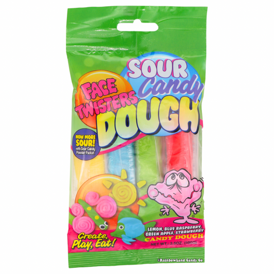 Green pack of Face Twisters Sour Candy Dough featuring four edible sour candy dough in Lemon, Blue Raspberry, Green Apple, and Strawberry flavors with a bonus sour powder packet and "Create, Play, Eat" branding.