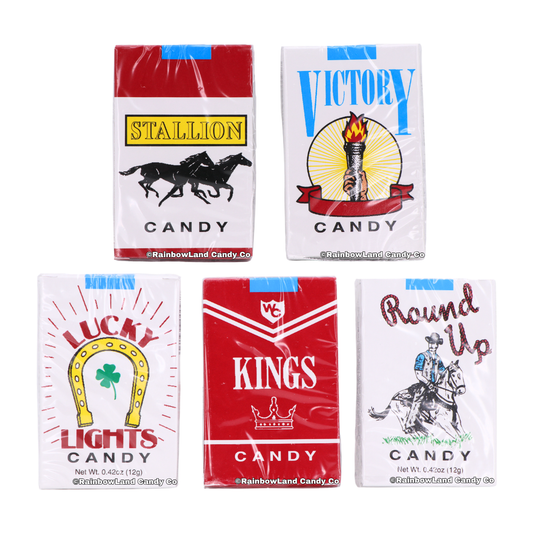 Five Candy Cigarettes packs from RainbowLand Candy Co. in Stallion, Victory, Lucky Lights, Kings, and Round Up designs, each styled like an old-fashioned cigarette box.