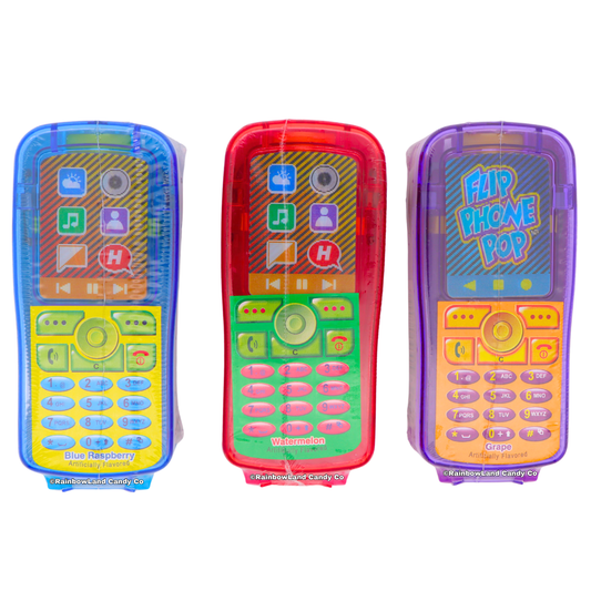 Flip Phone Pop lollipop candy in blue raspberry, watermelon, and grape, each packaged inside a retro flip phone-shaped case with a printed keypad.