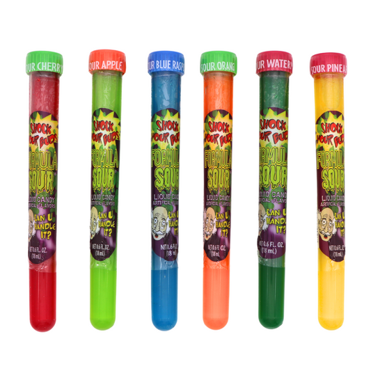 Formula Sour Liquid Candy test tubes in six flavors — Sour Cherry (red), Sour Apple (green), Sour Blue Raspberry (blue), Sour Orange (orange), Sour Watermelon (dark green), and Sour Pineapple (yellow) — with "Shock Your Buds" and "Can U Handle It?" branding, 0.6 fl oz each.