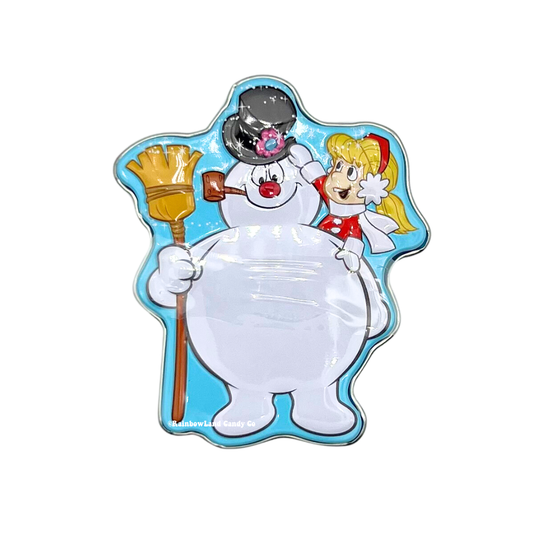 Blue Frosty the Snowman Christmas candy tin featuring the classic character in a black top hat holding a broom, with Karen standing beside him against a snowy blue background. With sour blue raspberry candies inside.