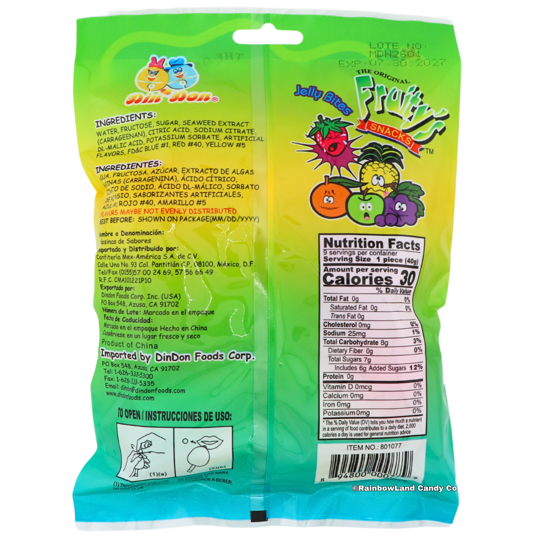 Back of Fruity's Sweet & Sour Jelly Bites bag showing ingredients list, English and Spanish label text, nutrition facts panel for a 40g serving, and opening instructions with a barcode and item number.