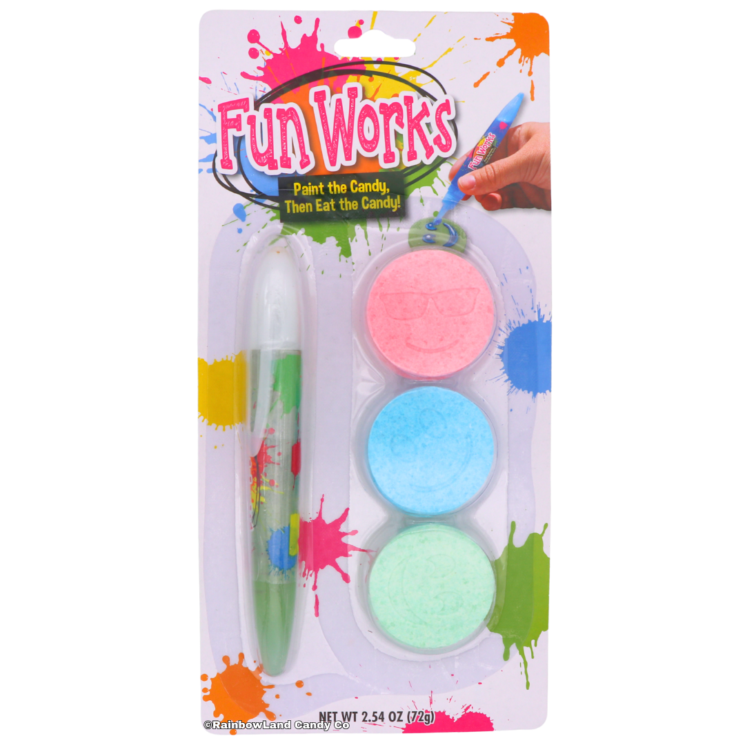 Fun Works Paint the Candy, Then Eat the Candy kit featuring a blue raspberry flavored gel pen and six jumbo candy discs in pink, blue, and green, each stamped with a smiley face design, 2.54 oz.
