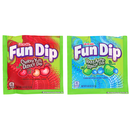 Fun Dip candy packs with Cherry Yum Diddly Dip and RazzApple flavors.