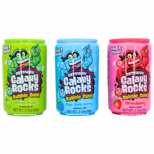 Getaway Galaxy Rocks Bubble Gum 2.12oz shown in all three flavors side by side — green apple in a lime green can, blue raspberry in a sky blue can, and strawberry in a pink can, each labeled Chug and Chew.