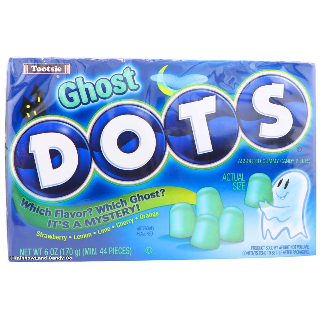 Tootsie Ghost Dots box, blue Halloween packaging with the large "DOTS" logo, a crescent moon, a haunted house, pale green gummy candies, and a smiling ghost, "Which Flavor? Which Ghost? It's a Mystery!" text, net weight 6 oz (170g).