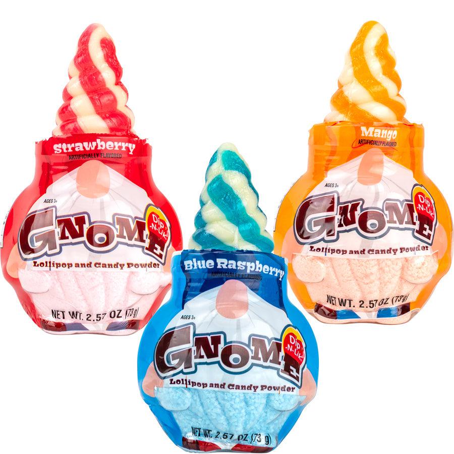 Gnome Dip-N-Lik Lollipop and Candy Powder, 2.57 oz, shaped like a gnome with a swirled lollipop hat, available in Strawberry (red), Blue Raspberry (blue), or Mango (orange), with flavor randomly selected.