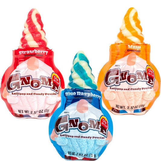 Gnome Dip-N-Lik Lollipop and Candy Powder, 2.57 oz, shaped like a gnome with a swirled lollipop hat, available in Strawberry (red), Blue Raspberry (blue), or Mango (orange), with flavor randomly selected.