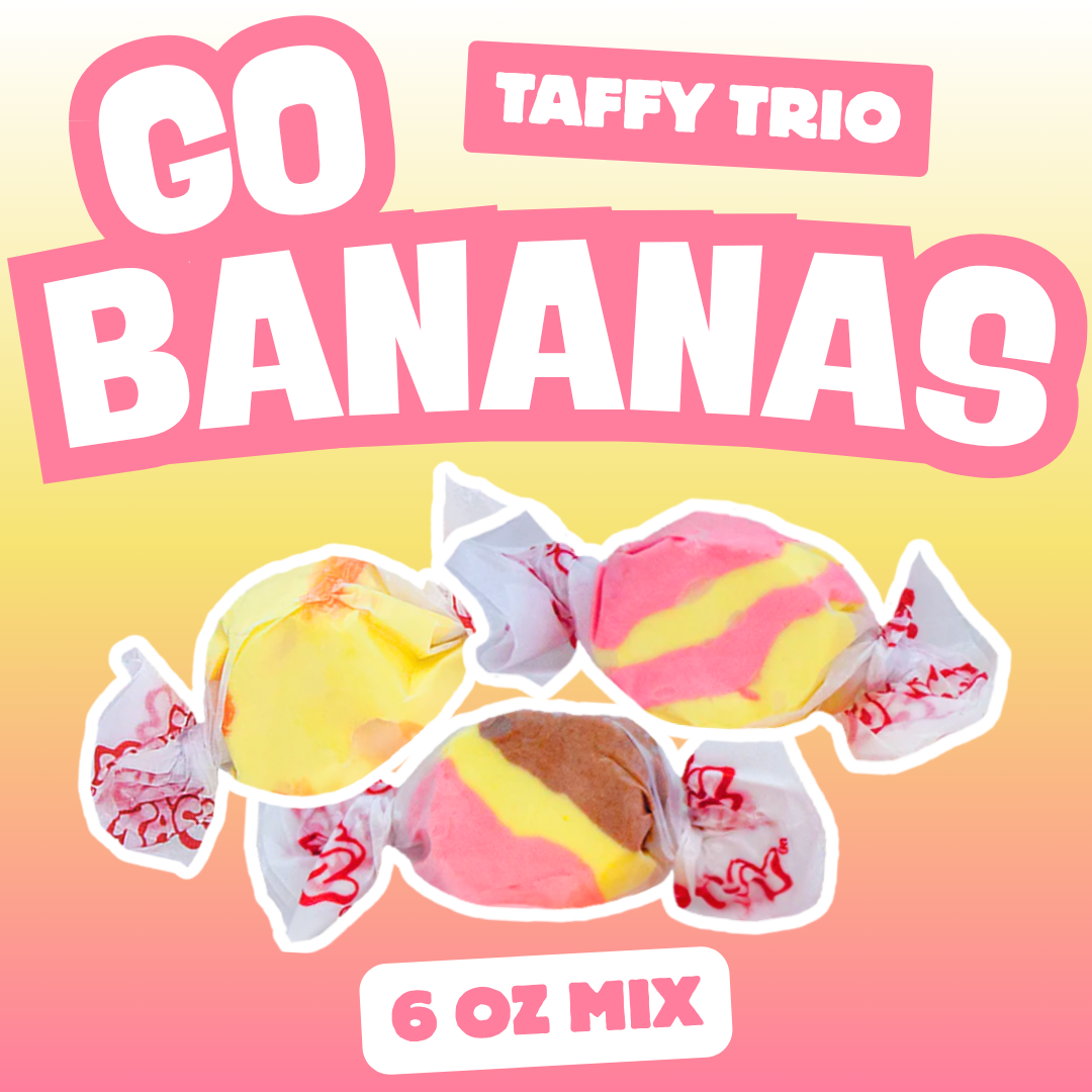 Go Bananas Taffy Trio 6oz mix of three banana inspired salt water taffy pieces in banana strawberry banana and banana split flavors on a pink and yellow gradient background.