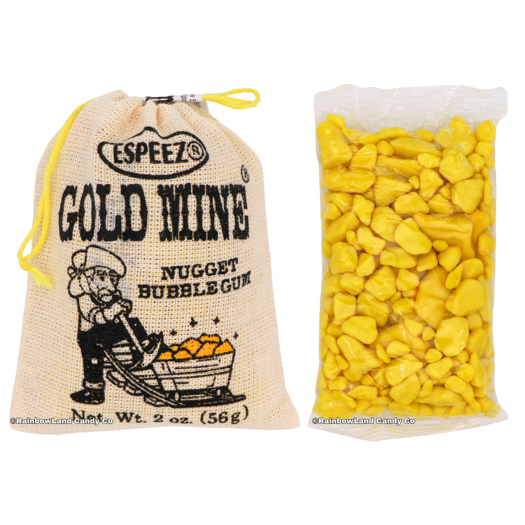 A cream burlap Gold Mine Nugget Bubble Gum pouch with a prospector illustration shown next to a clear plastic bag filled with yellow gold nugget-shaped banana bubble gum pieces.