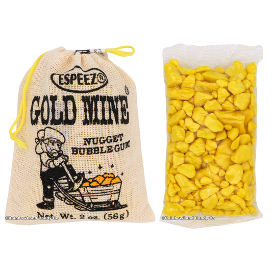 A cream burlap Gold Mine Nugget Bubble Gum pouch with a prospector illustration shown next to a clear plastic bag filled with yellow gold nugget-shaped banana bubble gum pieces.