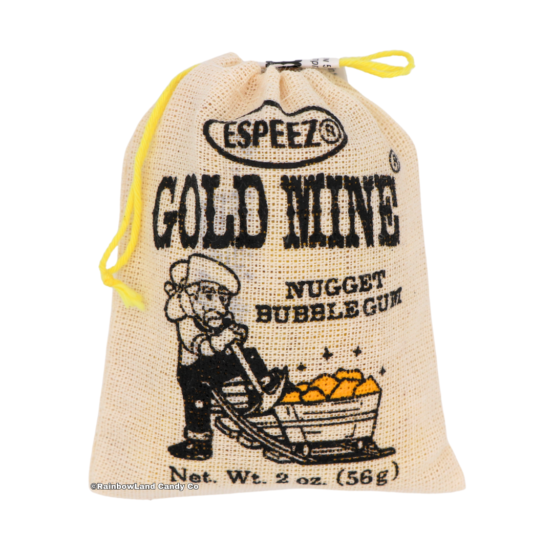 A 2 oz cream burlap drawstring pouch with a yellow cord, featuring the Espeez Gold Mine Nugget Bubble Gum logo, a black illustration of a prospector with a wheelbarrow, and gold nugget graphics.