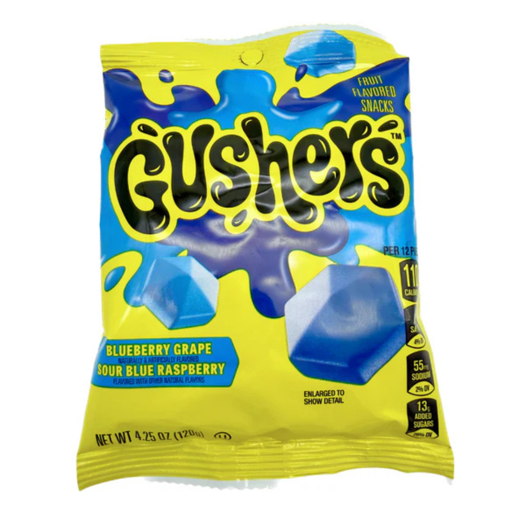 Yellow and blue Gushers bag showing sour blue raspberry and blueberry grape fruit snacks, 4.25 oz net weight.