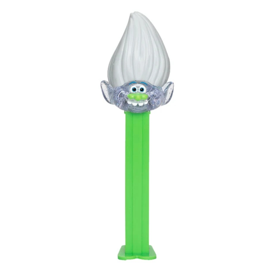 Trolls World Tour Guy Diamond PEZ dispenser with sparkly silver hair and skin and tall white hair, green dispenser.