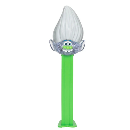 Trolls World Tour Guy Diamond PEZ dispenser with sparkly silver hair and skin and tall white hair, green dispenser.