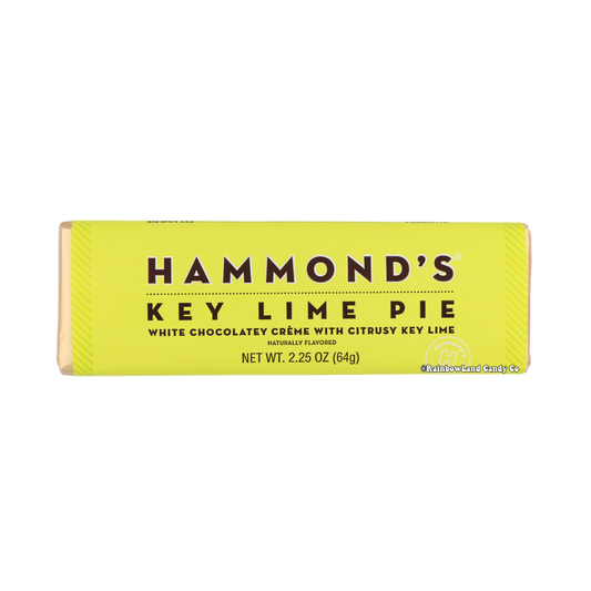 Yellow-green 2.25 oz Hammond's Key Lime Pie White Chocolate Bar wrapper featuring "White Chocolatey Crème with Citrusy Key Lime" and "Naturally Flavored" labeling with the Hammond's brand logo.