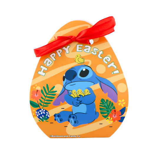 Stitch themed Easter egg shaped candy box filled with colorful jelly beans, featuring a cute character design and bright spring colors.